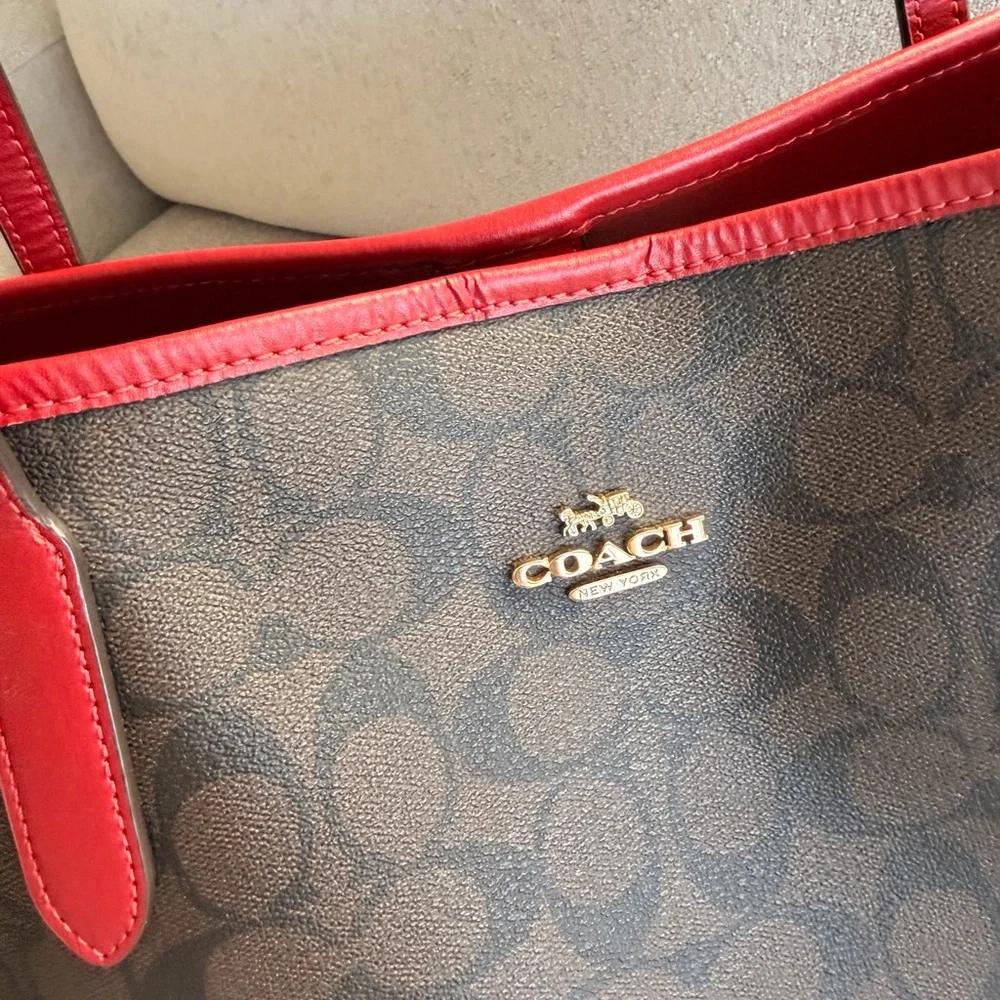 Coach Brown Signature Canvas Tote with Red Trim - Picture 8 of 10